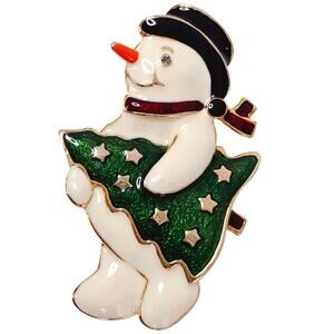 VTG Signed TC Christmas Snowman Enamel Gold Tone Brooch Pin Nostalgic Festive
